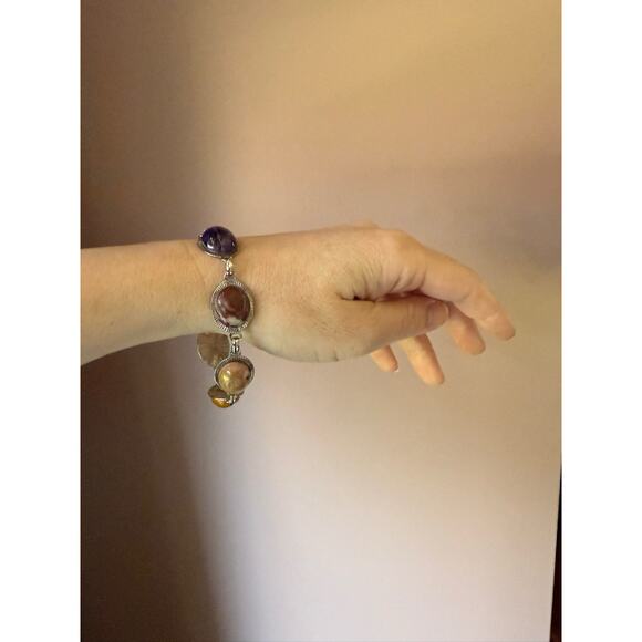 Sterling Silver Link Purple Stichtite Gemstone Bracelet Toggle Clasp Vtg Western - Picture 8 of 16